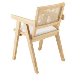 Fauteuil bois d’Hévéa assise tissu blanc dossier rotin naturel AGATHE