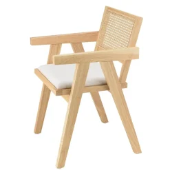 Fauteuil bois d’Hévéa assise tissu blanc dossier rotin naturel AGATHE
