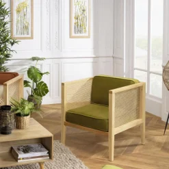 Fauteuil cannage assise amovible velours vert