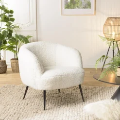 Fauteuil cosy tissu bouclette blanc pieds métal noir