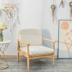 Fauteuil de Salon Scandinave avec Structure Bois et Bouclettes Blanc