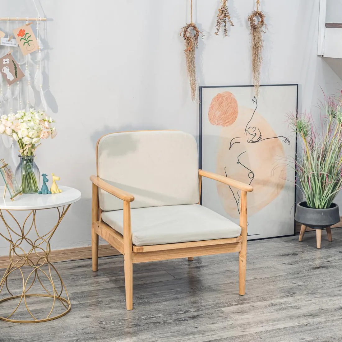 Fauteuil de Salon Scandinave avec Structure Bois et Tissu Beige