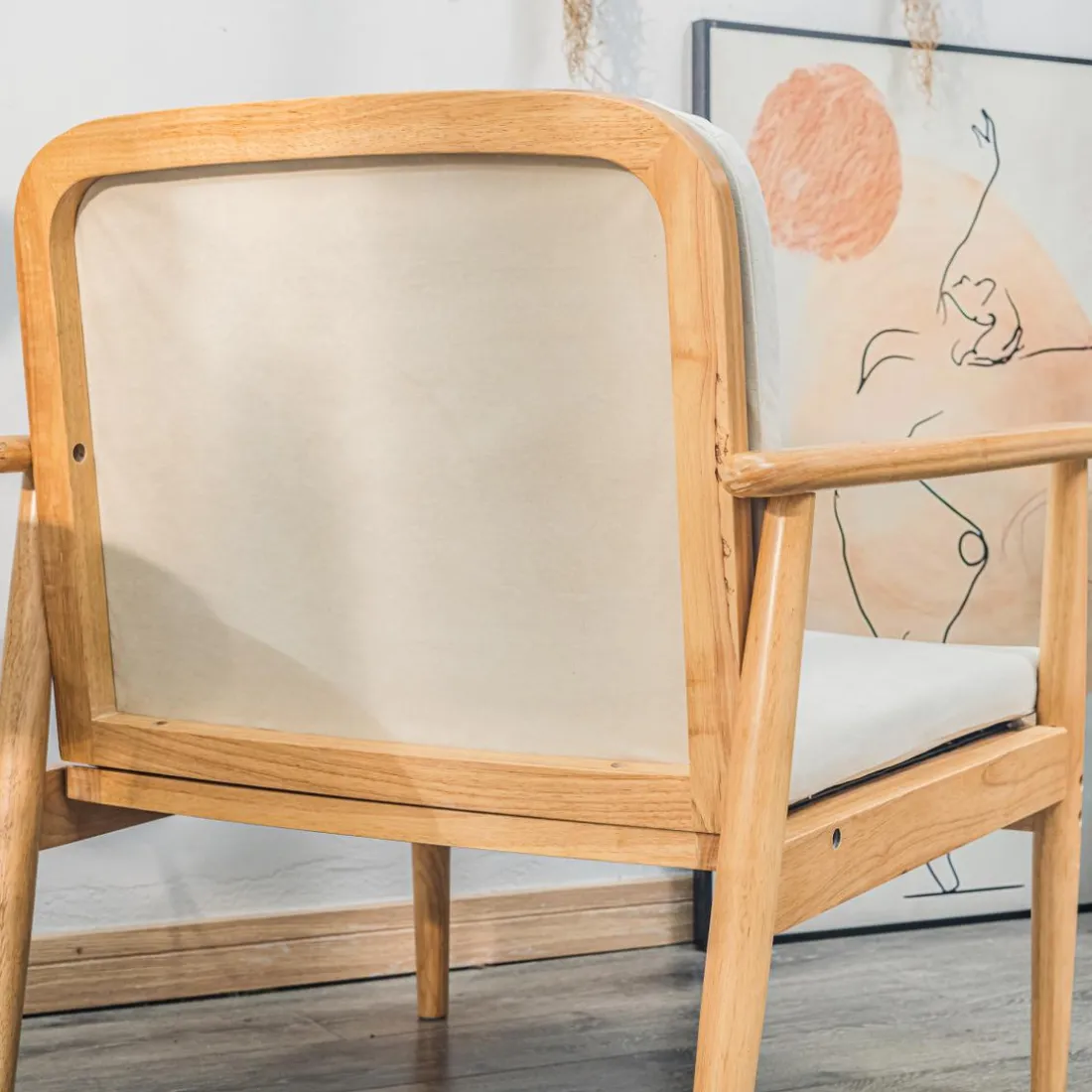Fauteuil de Salon Scandinave avec Structure Bois et Tissu Beige