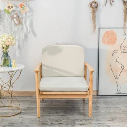 Fauteuil de Salon Scandinave avec Structure Bois et Tissu Beige