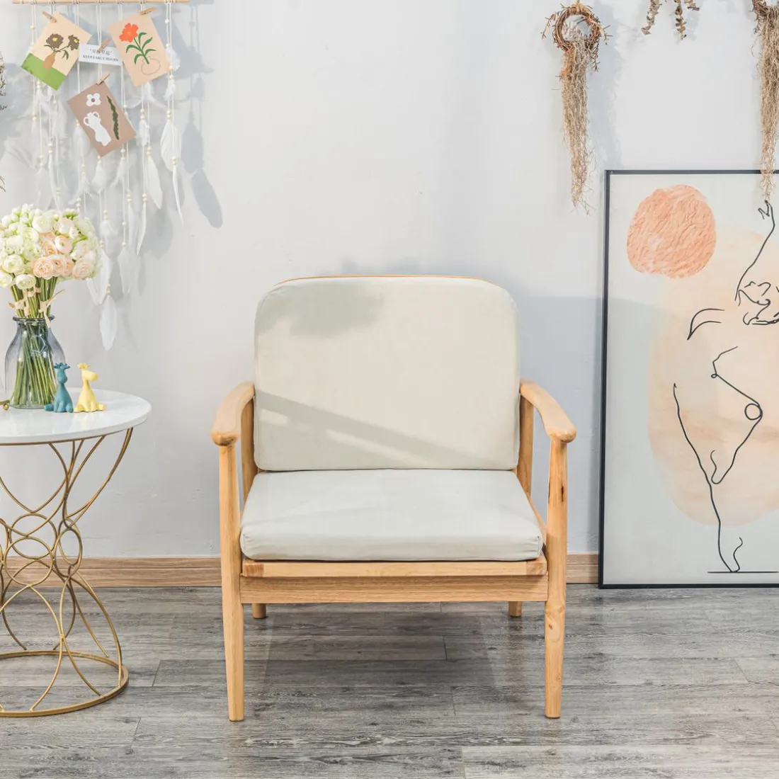 Fauteuil de Salon Scandinave avec Structure Bois et Tissu Beige