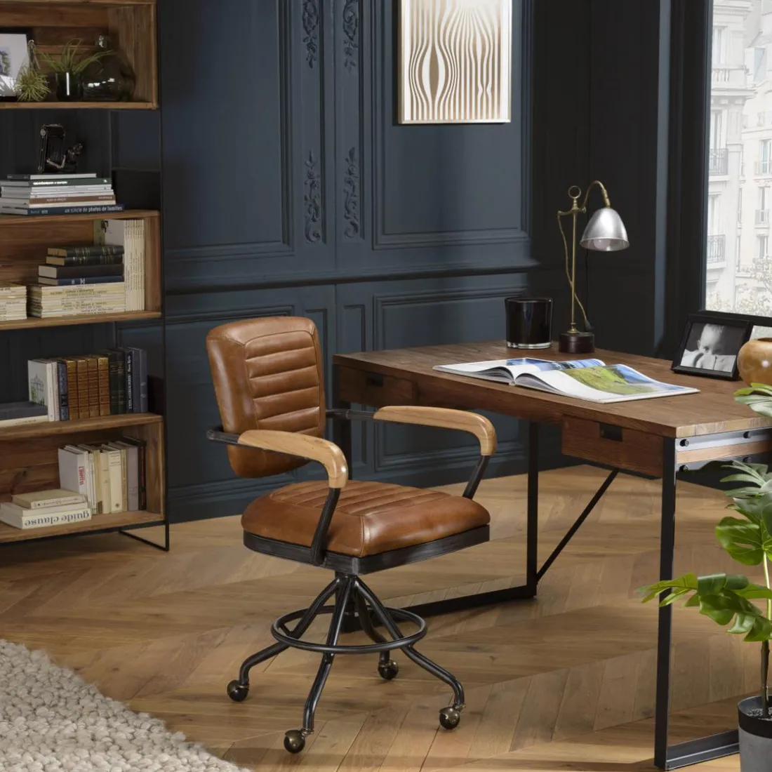 Fauteuil desk vintage cuir à roulettes GASTON