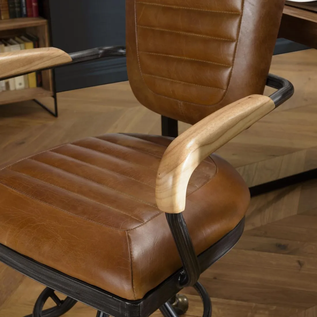 Fauteuil desk vintage cuir à roulettes GASTON