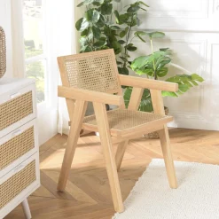 Fauteuil en bois d’Hévéa clair dossier et assise rotin naturel AGATHE