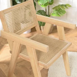 Fauteuil en bois d’Hévéa clair dossier et assise rotin naturel AGATHE