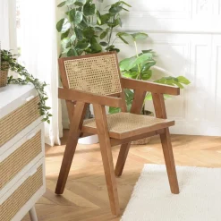 Fauteuil en bois d’Hévéa foncé dossier et assise rotin naturel AGATHE