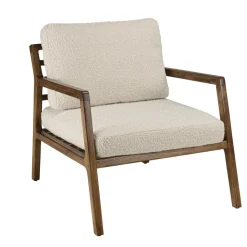 Fauteuil en tissu écru, structure et accoudoirs en bois GASTON