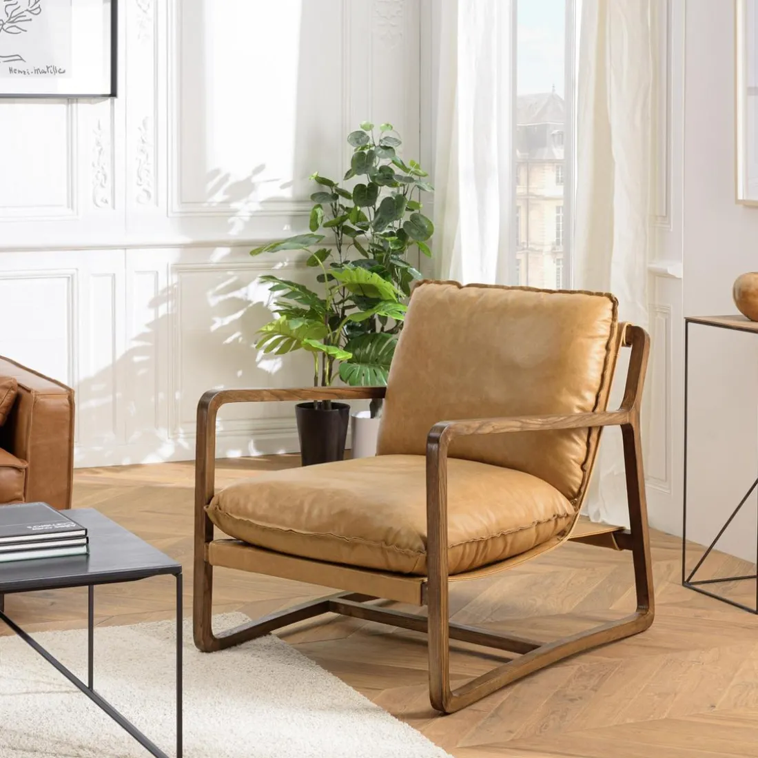 Fauteuil incliné vintage cuir marron cognac, structure en bois GASTON