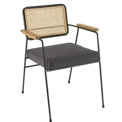Fauteuil métal noir assise tissu gris foncé dossier rotin AGATHE