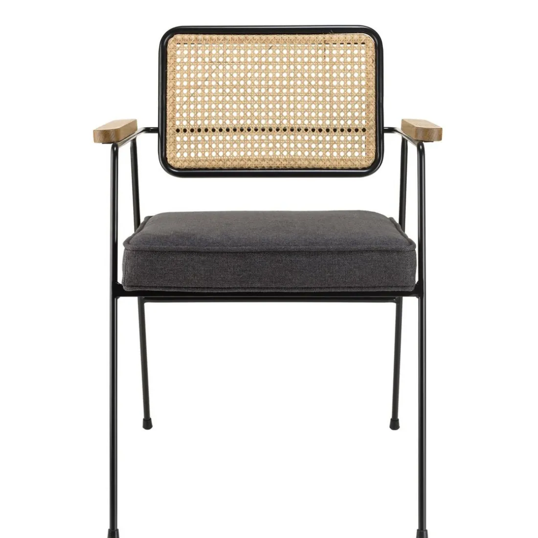 Fauteuil métal noir assise tissu gris foncé dossier rotin AGATHE