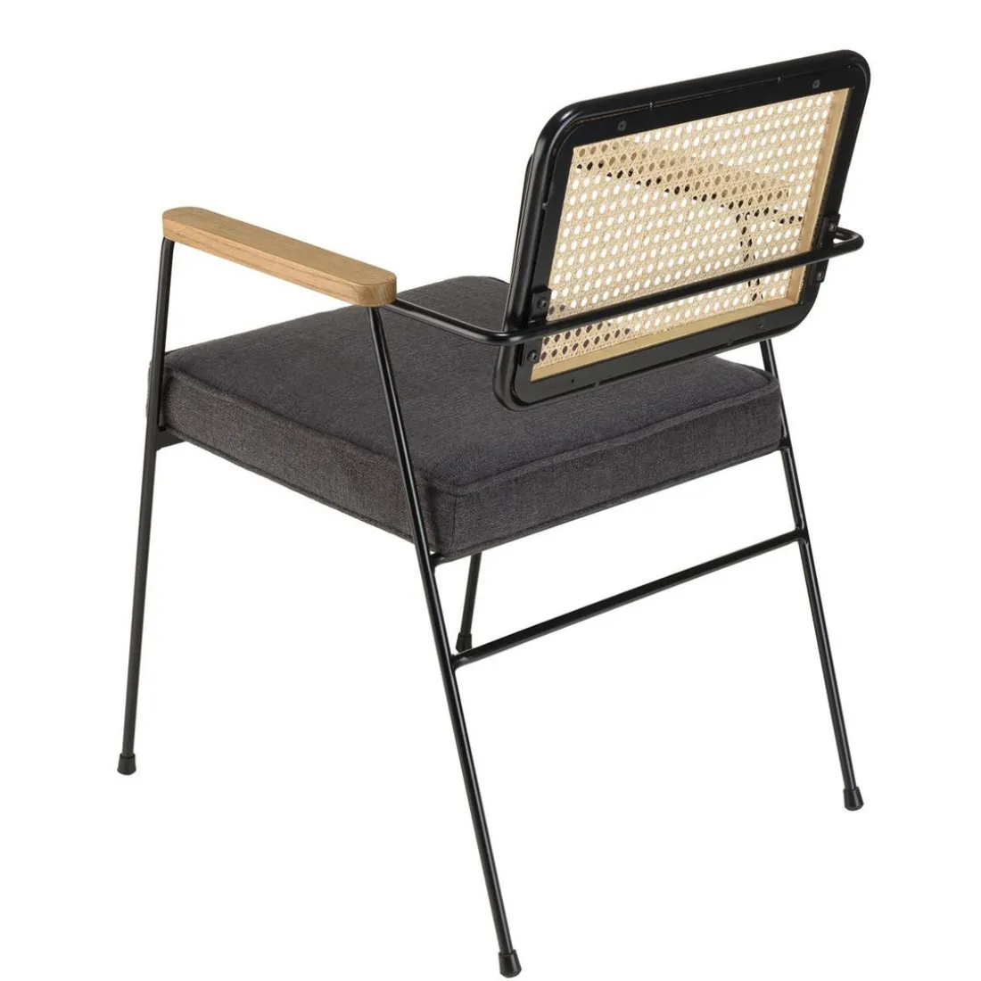 Fauteuil métal noir assise tissu gris foncé dossier rotin AGATHE