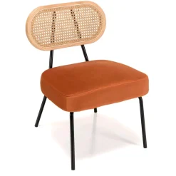 Fauteuil métal noir assise velours orange ambré dossier rotin