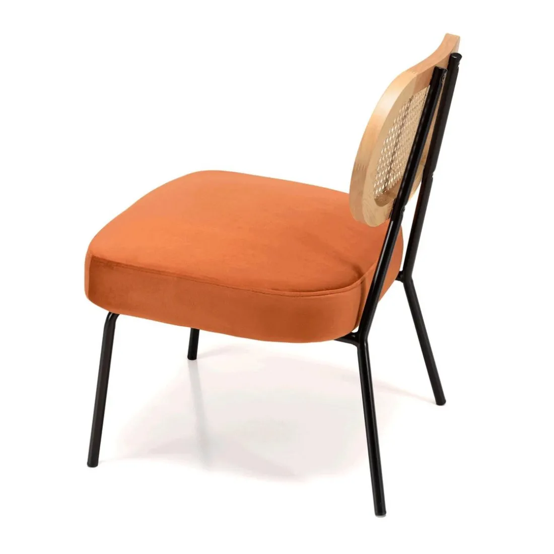 Fauteuil métal noir assise velours orange ambré dossier rotin