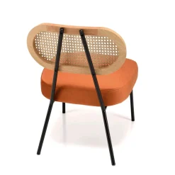 Fauteuil métal noir assise velours orange ambré dossier rotin