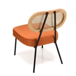 Fauteuil métal noir assise velours orange ambré dossier rotin