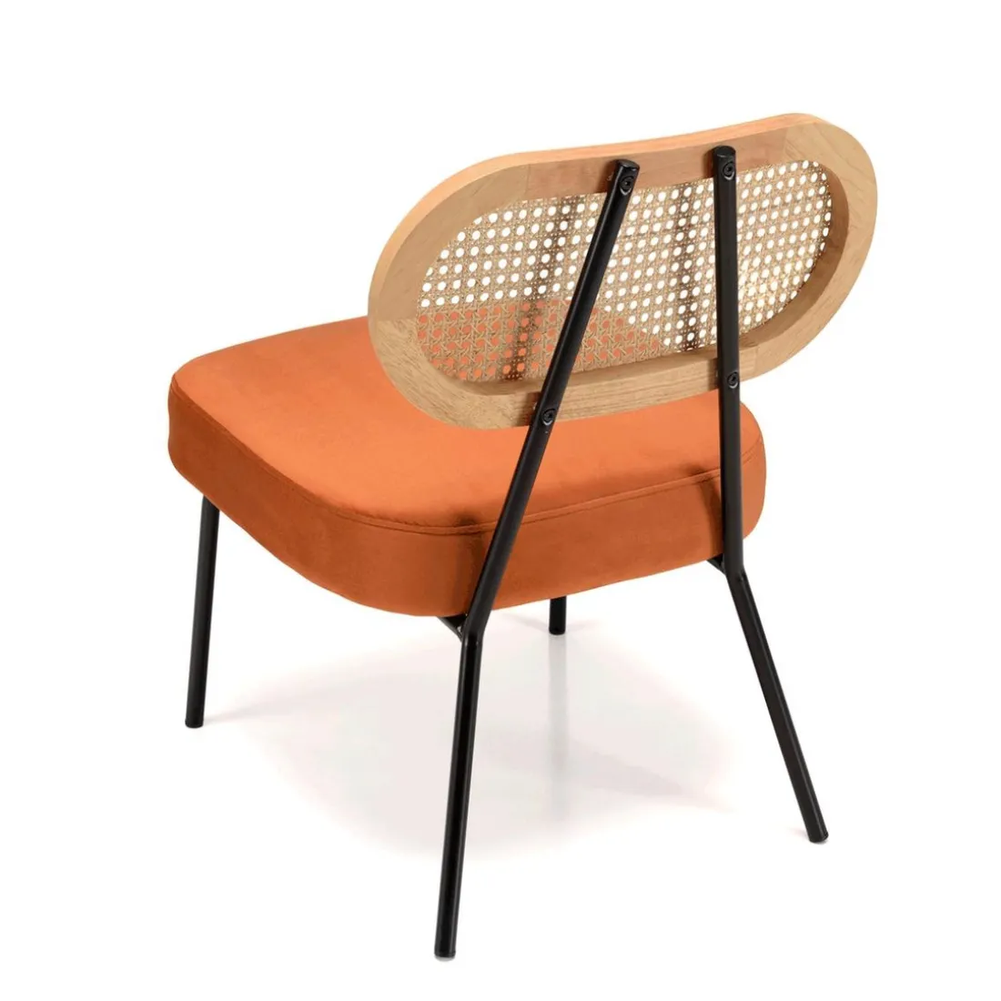 Fauteuil métal noir assise velours orange ambré dossier rotin