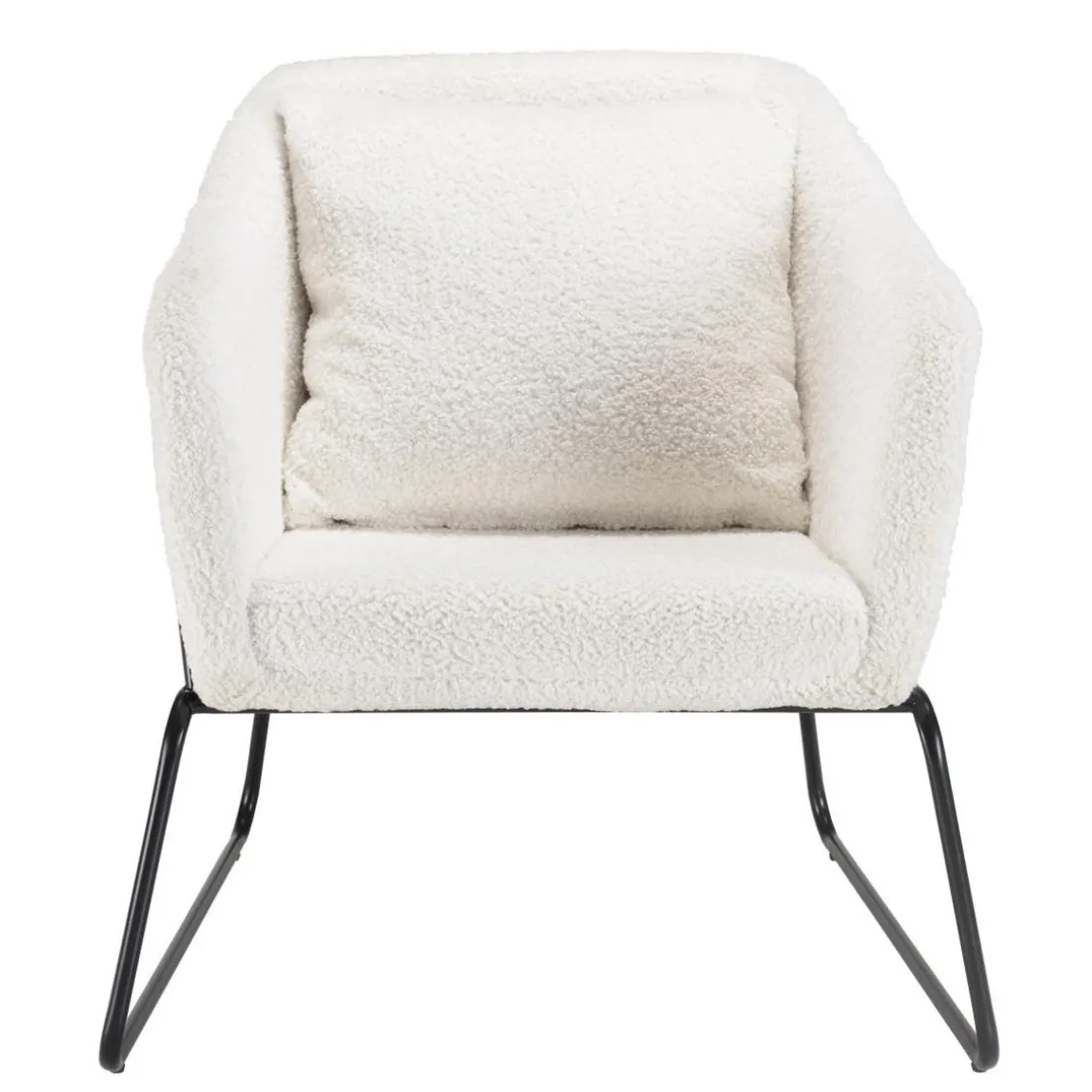 Fauteuil tissu bouclette blanc pieds évasés métal noir