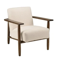 Fauteuil tissu bouclette écru structure et accoudoirs en bois GASTON