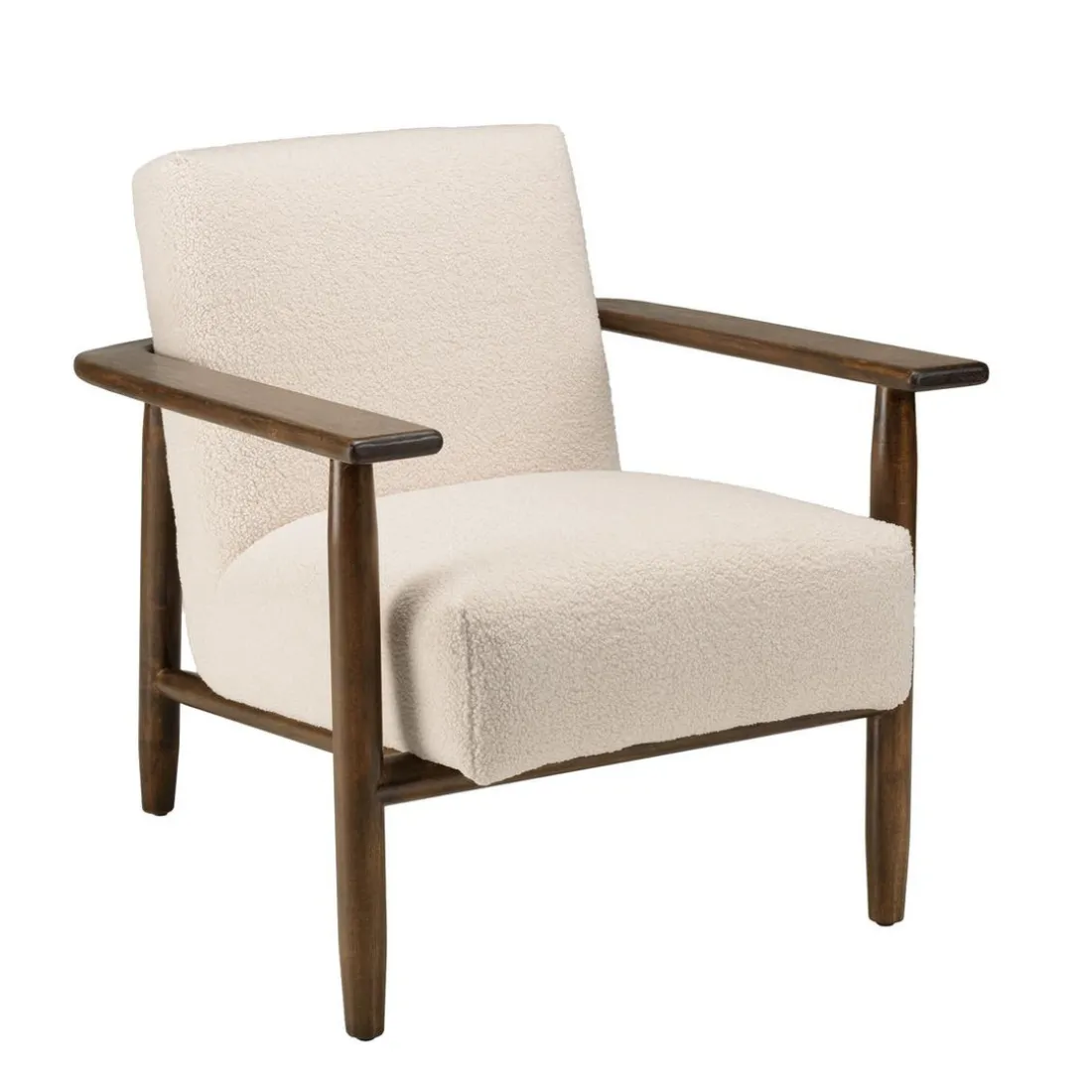 Fauteuil tissu bouclette écru structure et accoudoirs en bois GASTON