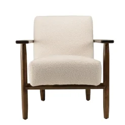 Fauteuil tissu bouclette écru structure et accoudoirs en bois GASTON