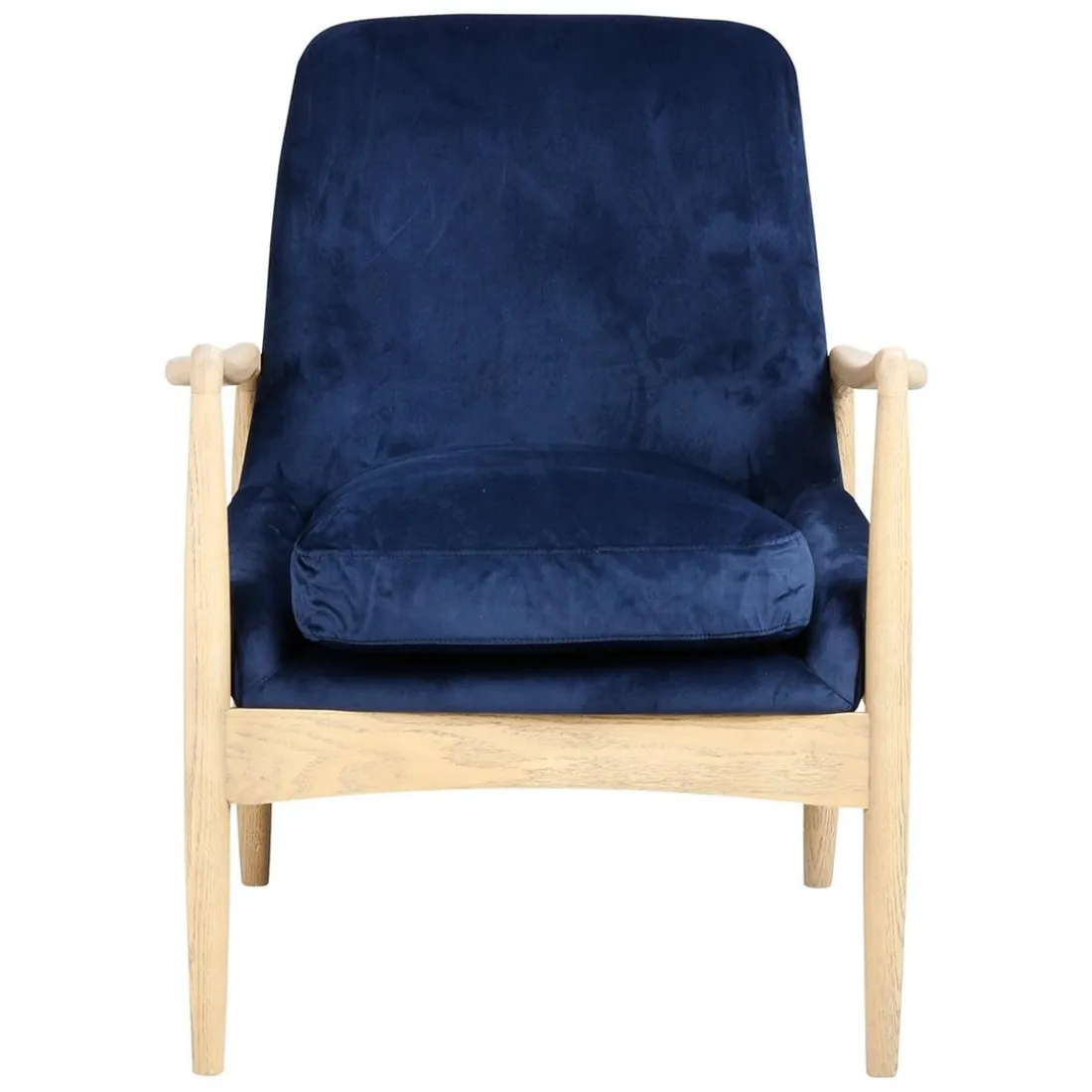 Fauteuil velours bleu foncé pieds frêne naturel