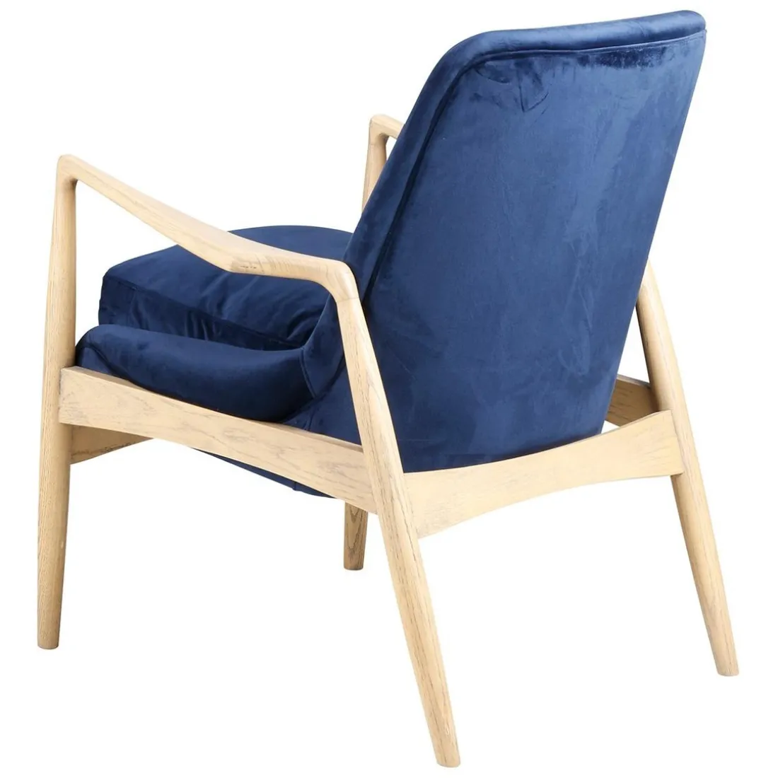 Fauteuil velours bleu foncé pieds frêne naturel