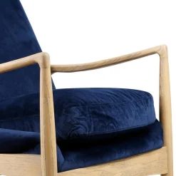 Fauteuil velours bleu foncé pieds frêne naturel