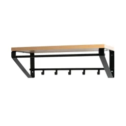 Garderobe murale avec plateau en MDF décor chêne et 5 crochets et 1 tringle en Métal laqué Noir