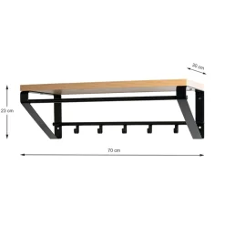 Garderobe murale avec plateau en MDF décor chêne et 5 crochets et 1 tringle en Métal laqué Noir
