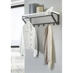 Garderobe murale avec étagère en MDF décor blanc et 5 crochets et 1 tringle en métal laqué Gris anthracite