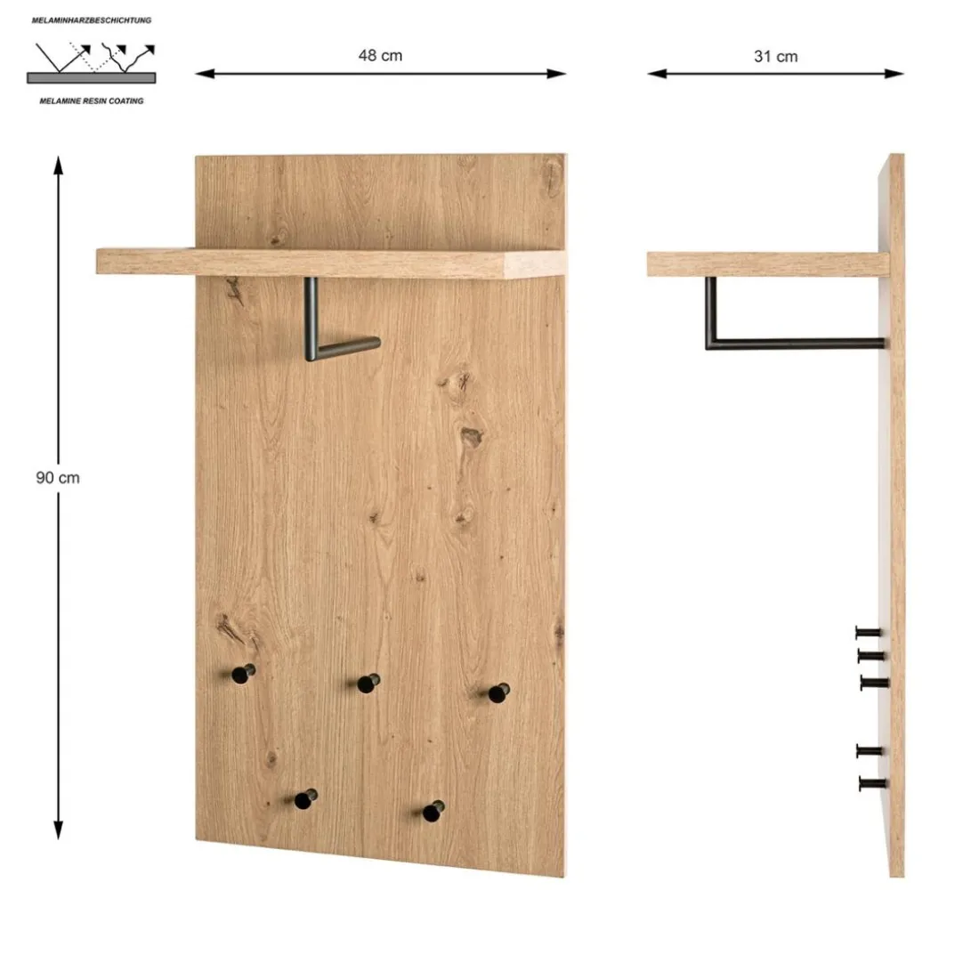 Garderobe murale avec étagère décor cintre et boutons en métal noir