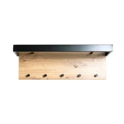 Garderobe murale avec Tringles et 5 crochets en MDF décor mélamine chêne et en Métal laqué noir Brillant