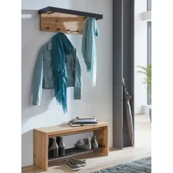 Garderobe murale avec Tringles et 5 crochets en MDF décor mélamine chêne et en Métal laqué noir Brillant