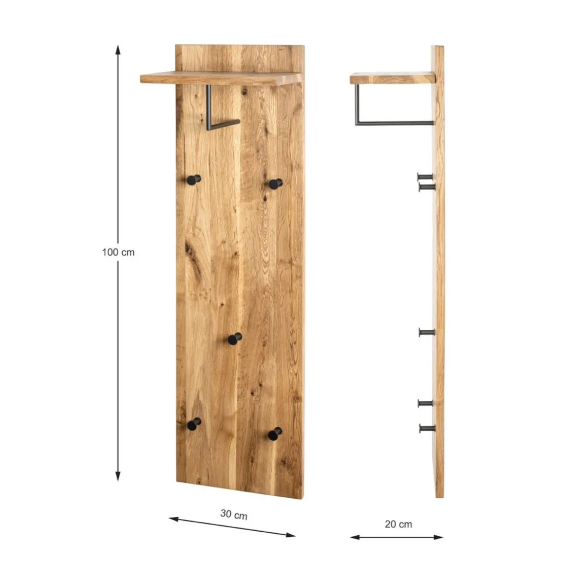 garderobe murale chêne et métal noir - 5 crochets et étagère