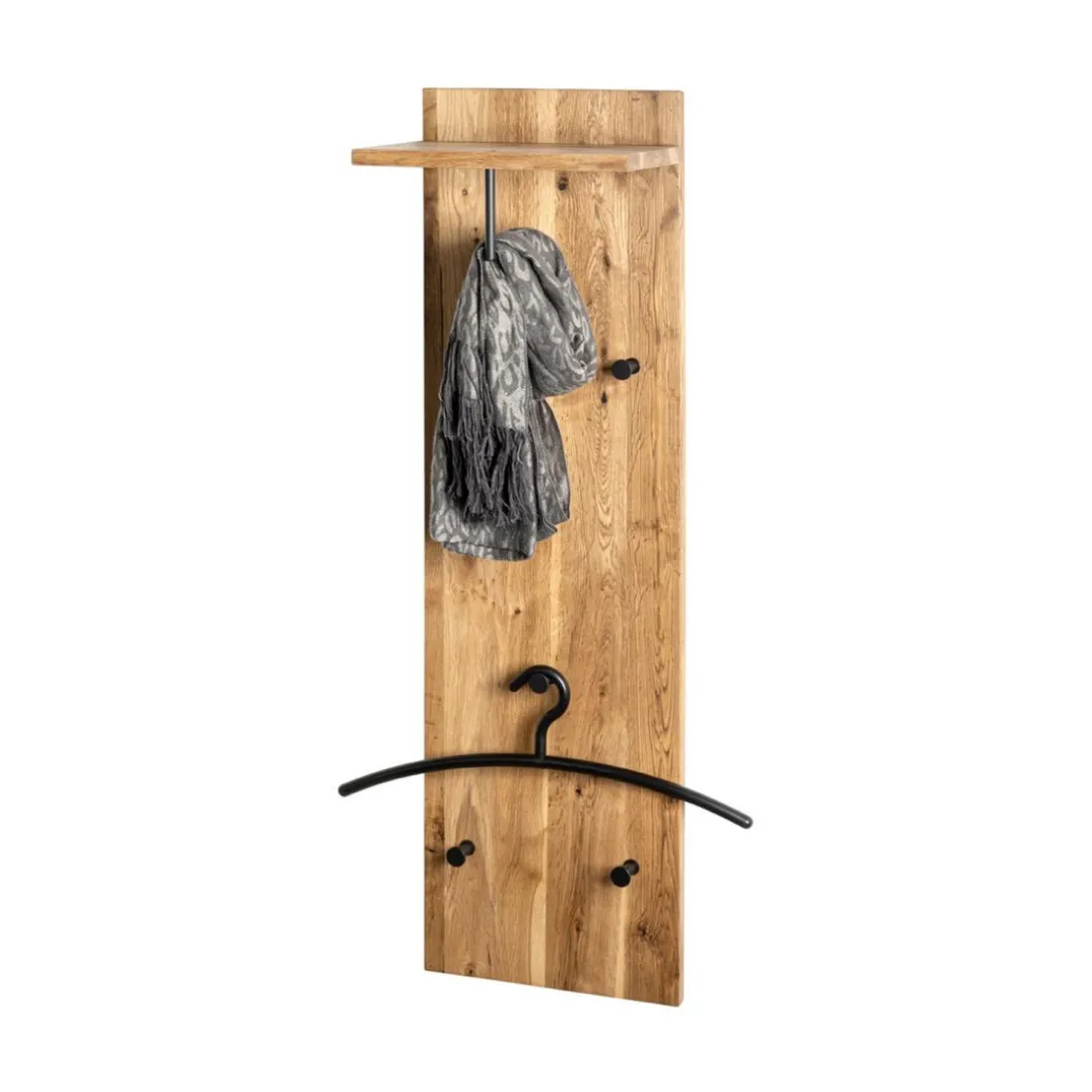 garderobe murale chêne et métal noir - 5 crochets et étagère