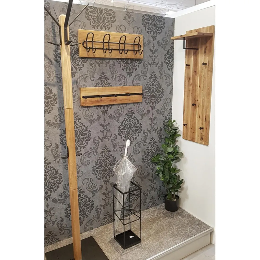 garderobe murale chêne et métal noir - 5 crochets et étagère