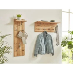 garderobe murale chêne et métal noir - 5 crochets et étagère