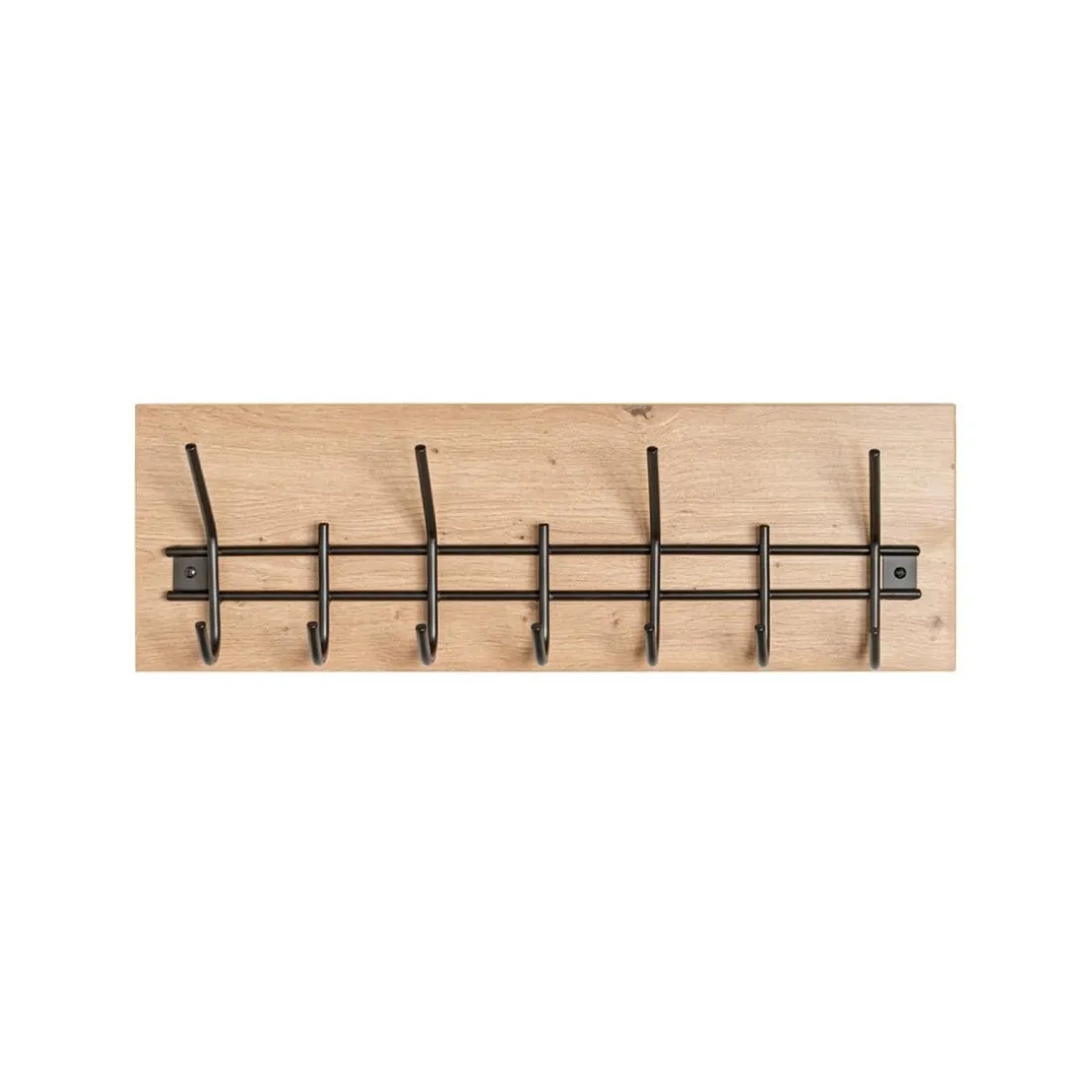 Garderobe murale décor chêne et 7 crochets métal noir