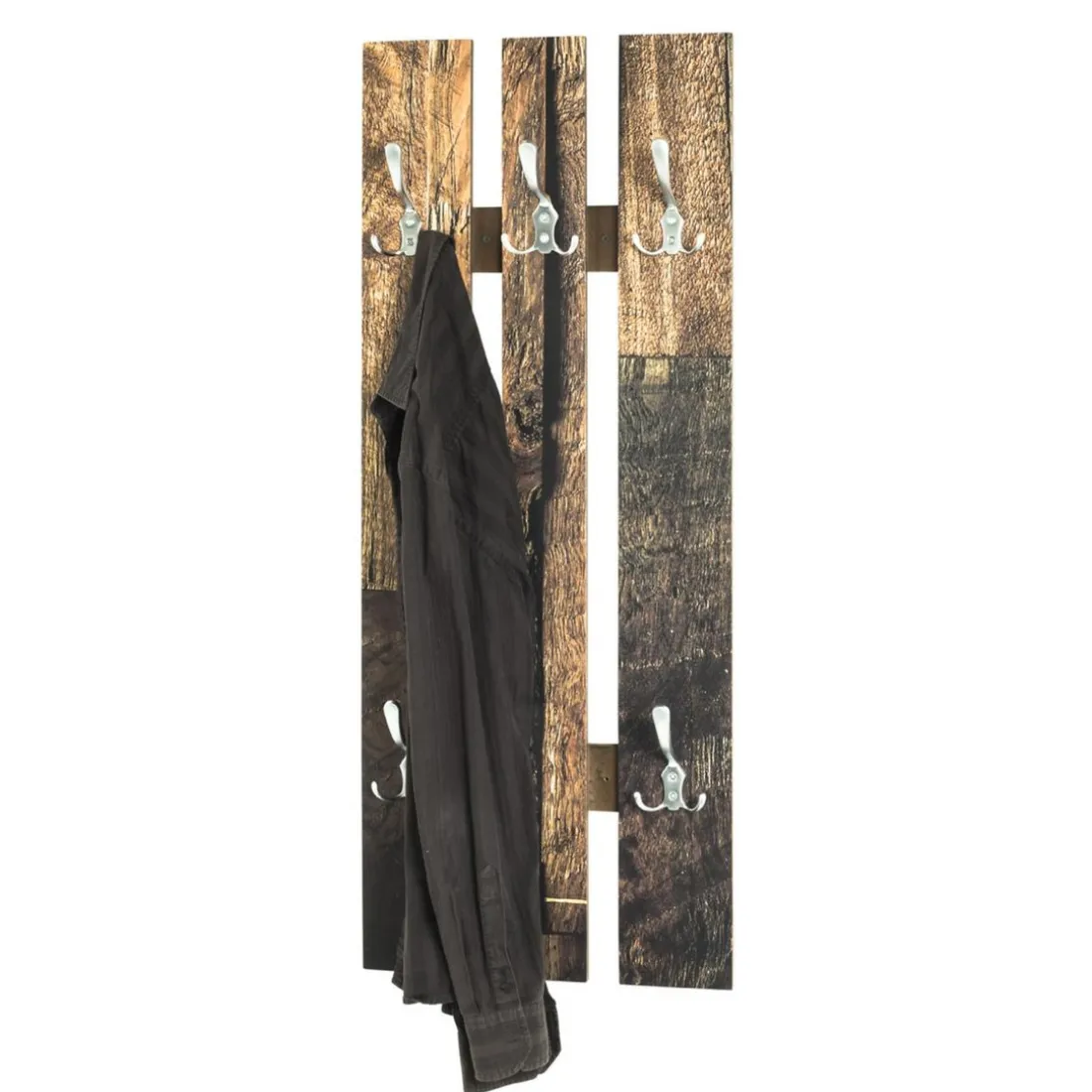 Garderobe murale en bois décor parquet avec 5 crochets en métal optique inox