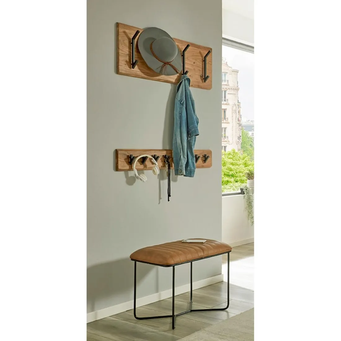 Garderobe murale en bois et 8 crochets en métal noir