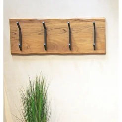 Garderobe murale en bois et 4 crochets en métal noir