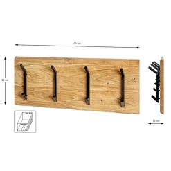 Garderobe murale en bois et 4 crochets en métal noir