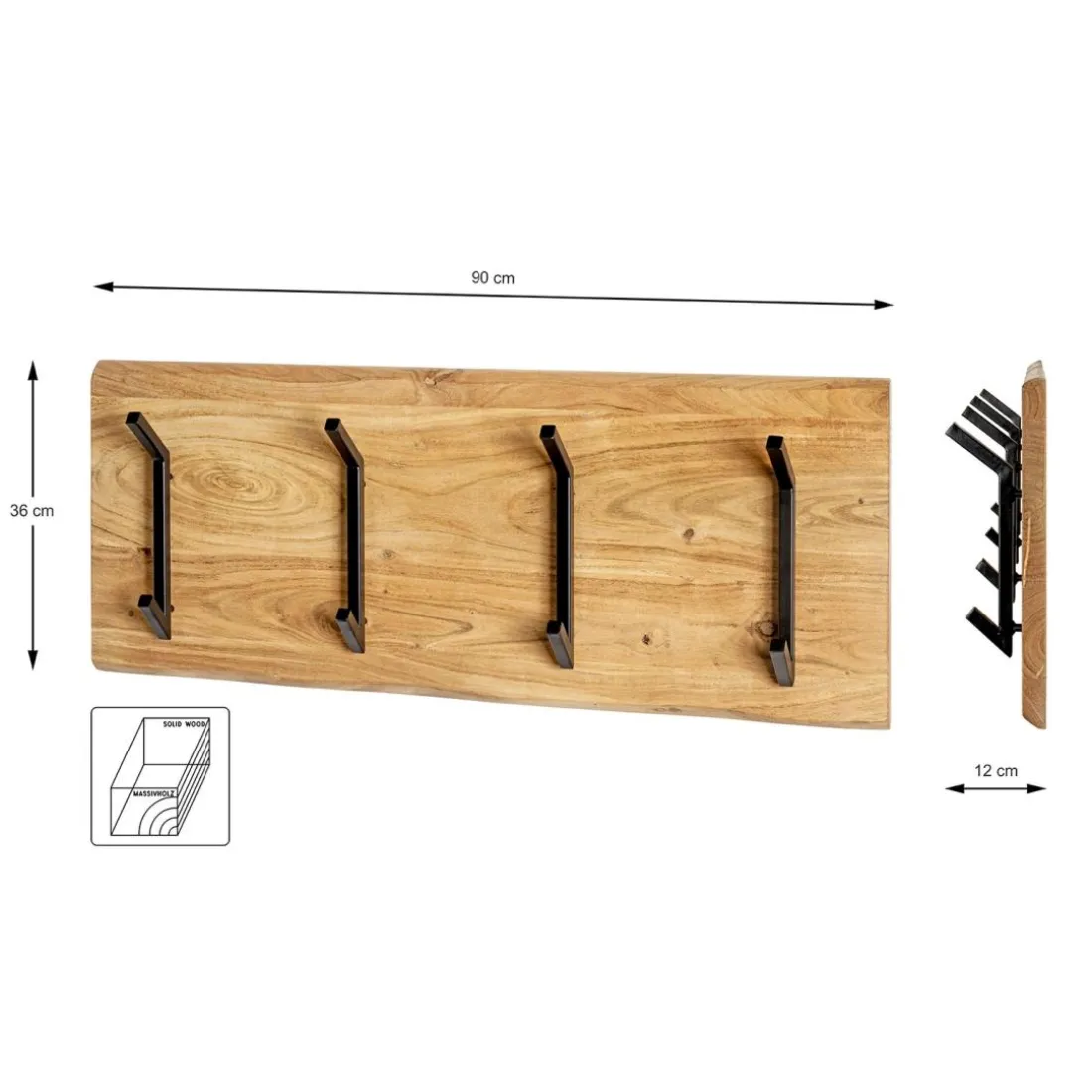 Garderobe murale en bois et 4 crochets en métal noir