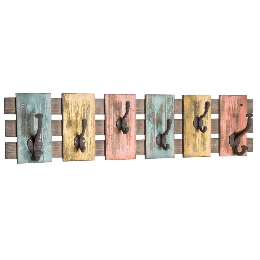 Garderobe murale optique vintage avec crochets en fonte noir en Bois massif