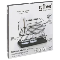 Égouttoir pliant 2 niveaux avec plateau en métal noir