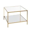 Grande table d'appoint carrée acier laqué d’or et plateaux miroir et verre trempé